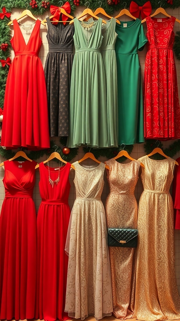 A selection of Christmas dresses in red, green, and gold, with accessories, set against a festive background.